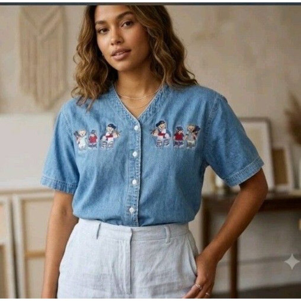 Quizz New York Denim Shirt Size 20 Button Sport Bears Embroidered Cotton